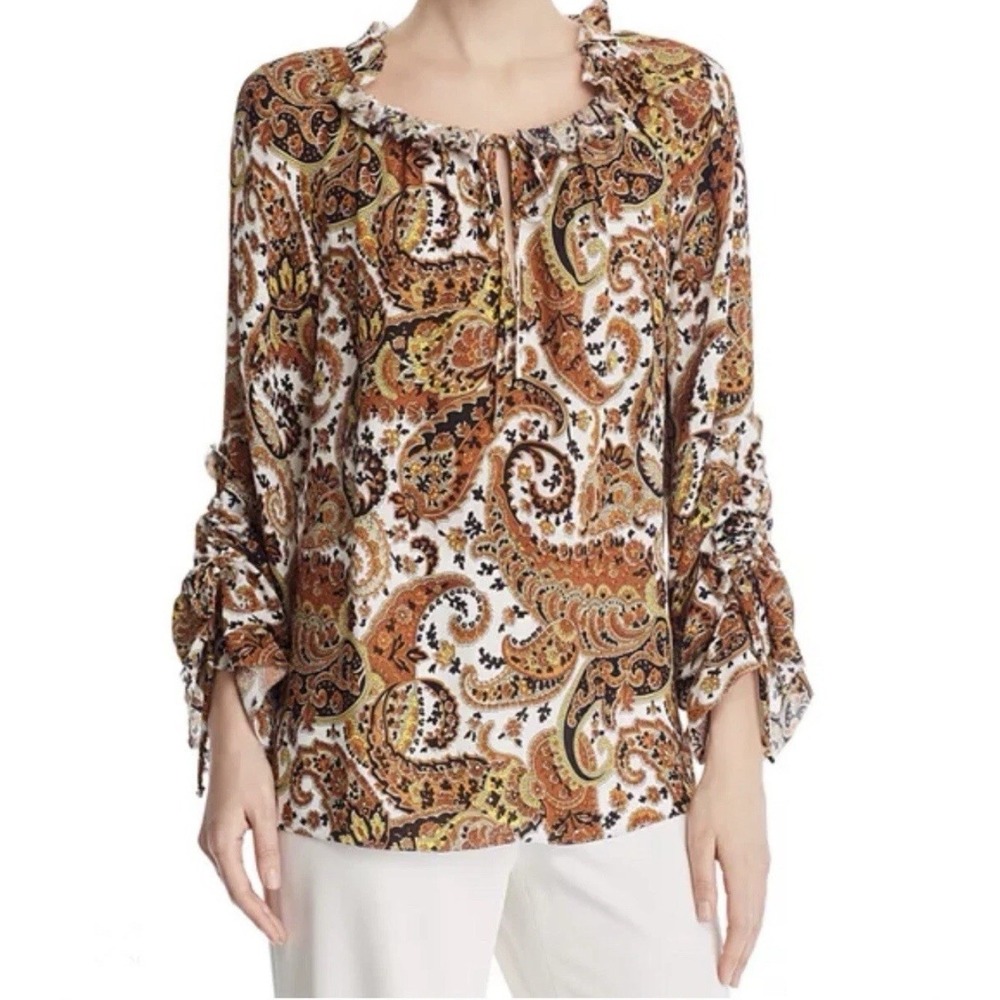 Kobi Halperin Silk Blouse XS Paisley Print Ruffle Long Sleeve Feminine Boho Top‎